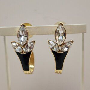 Vintage 90s Trifari Goldtone Black Enamel And Marquise Rhinestone Hoop Earrings